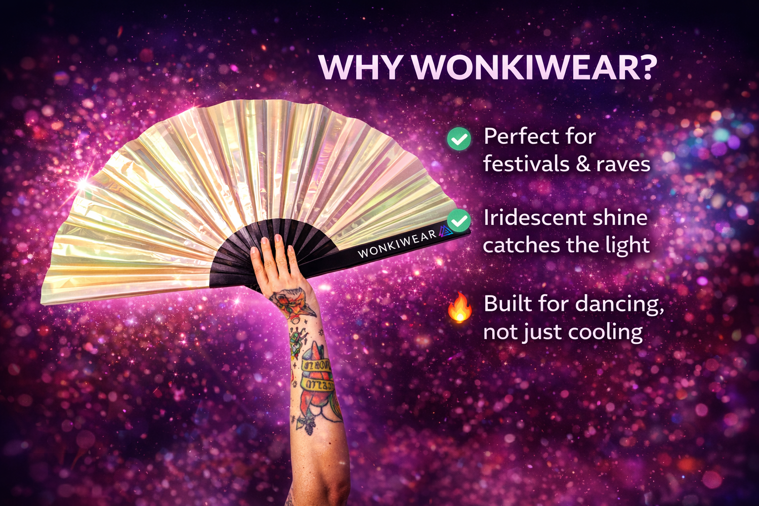 Pearl festival fan XL size with iridescent shine, designed for festivals and raves, durable and eye-catching