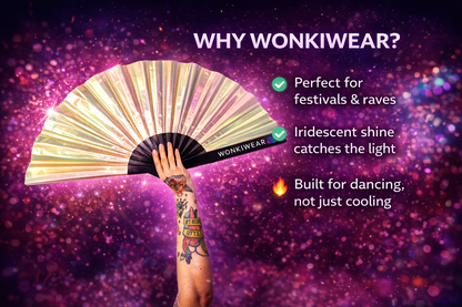 Pearl festival fan XL size with iridescent shine, designed for festivals and raves, durable and eye-catching