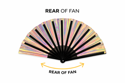 Back of pearl festival fan showing full iridescent shine, XL rave fan reflecting rainbow light