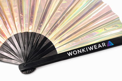 Close-up of pearl iridescent festival fan showing reflective material and WonkiWear branding