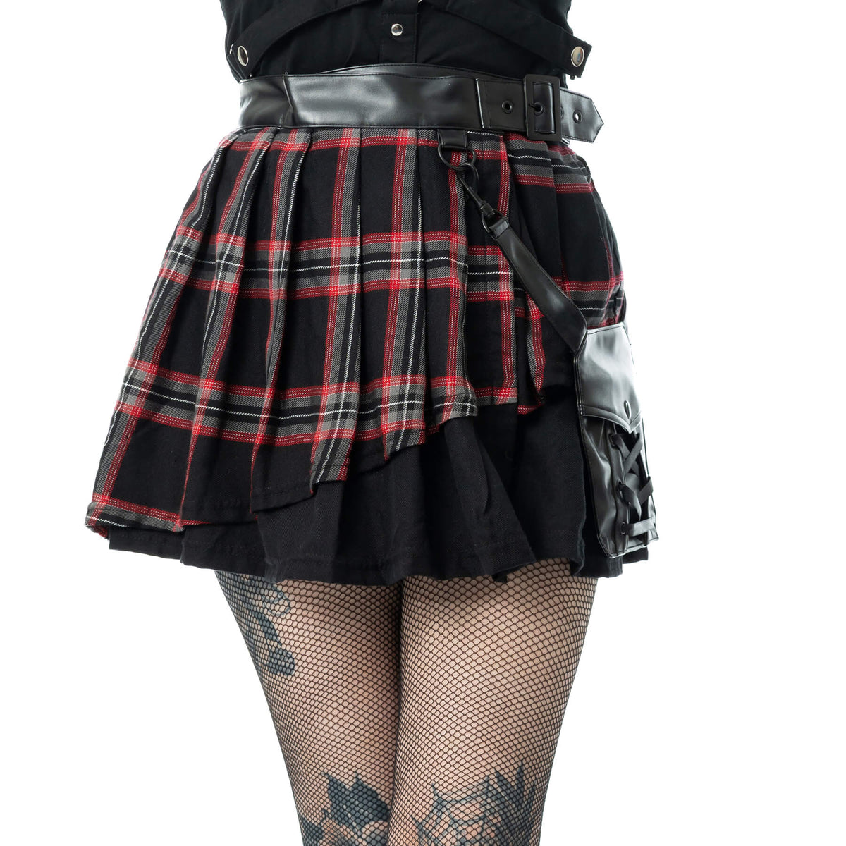 Poizen Industries Phantom Highlander skirt in black tartan, showing the front pleated mini silhouette and black PVC waistband.