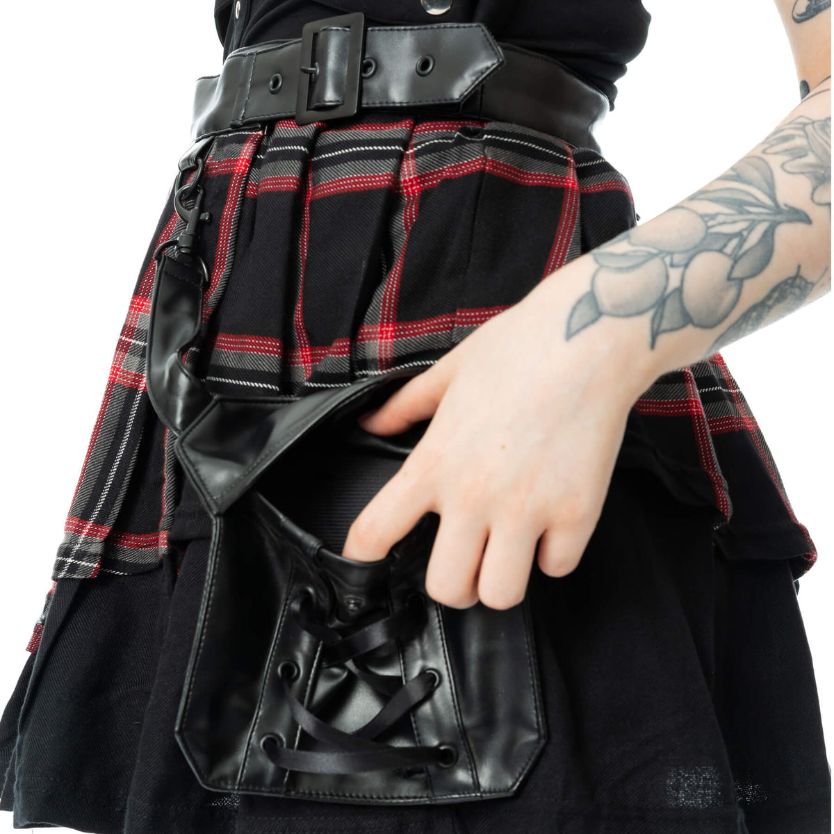 Poizen Industries Phantom Highlander gothic punk mini skirt in black with red tartan detailing.