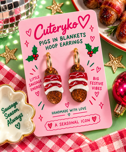 Pigs in Blankets hoop earrings with red and white sausage charms by Cuteryko