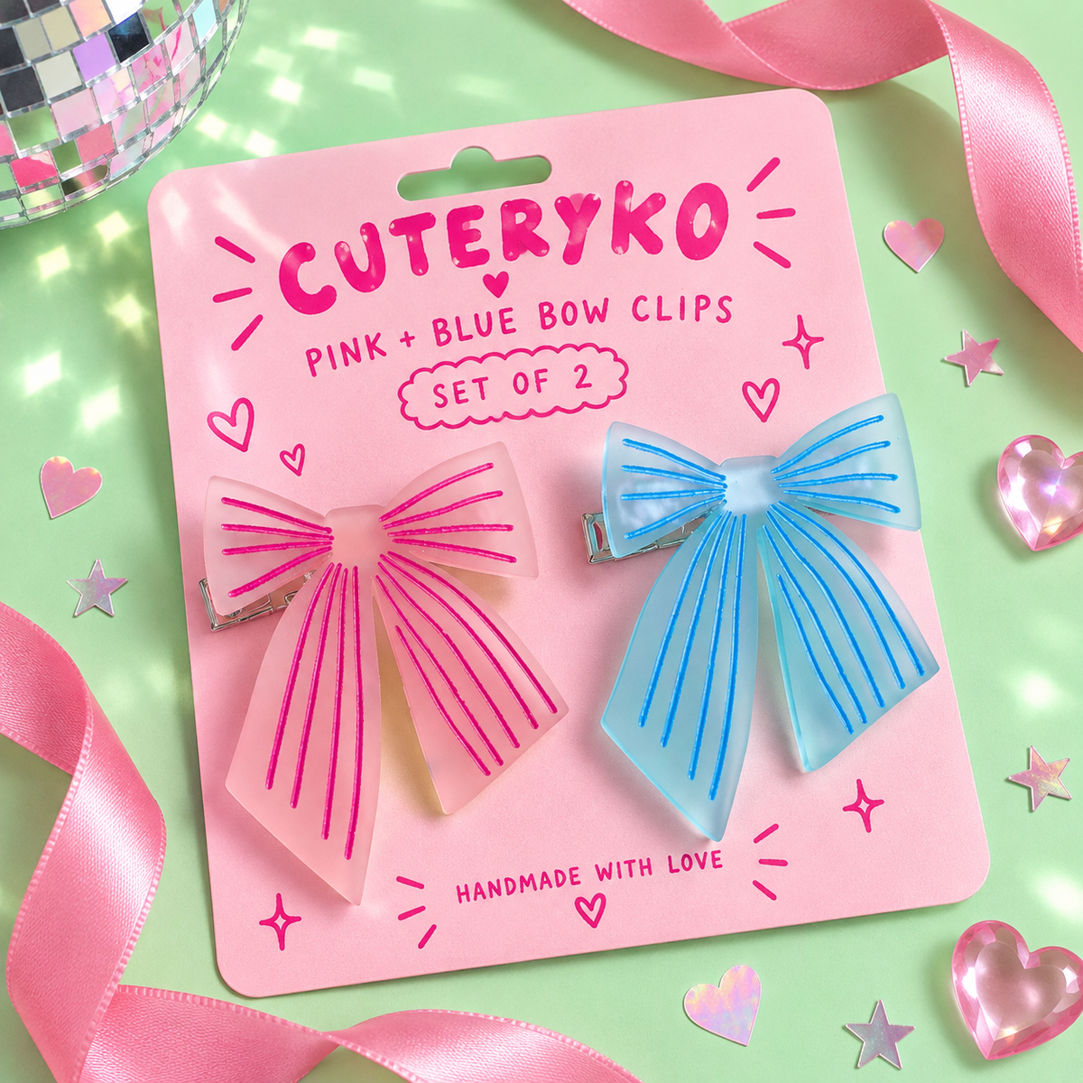 Pink and blue striped bow hair clips set of two by Cuteryko