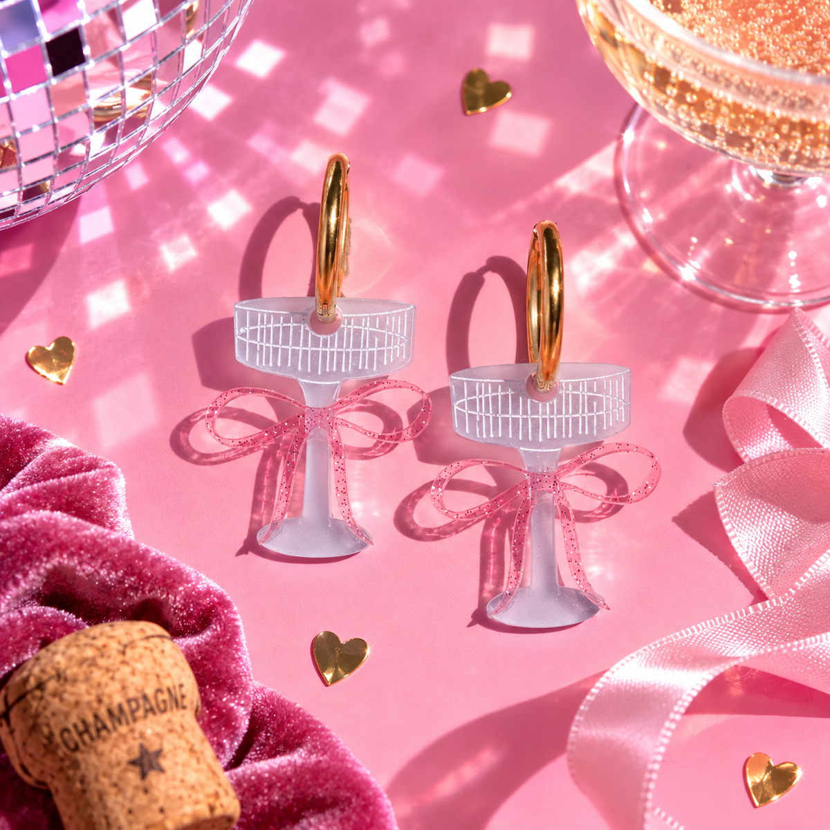 Pink Bow Champagne Glass Hoop Earrings with translucent pink bow charms by Cuteryko