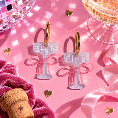 Pink Bow Champagne Glass Hoop Earrings with translucent pink bow charms by Cuteryko