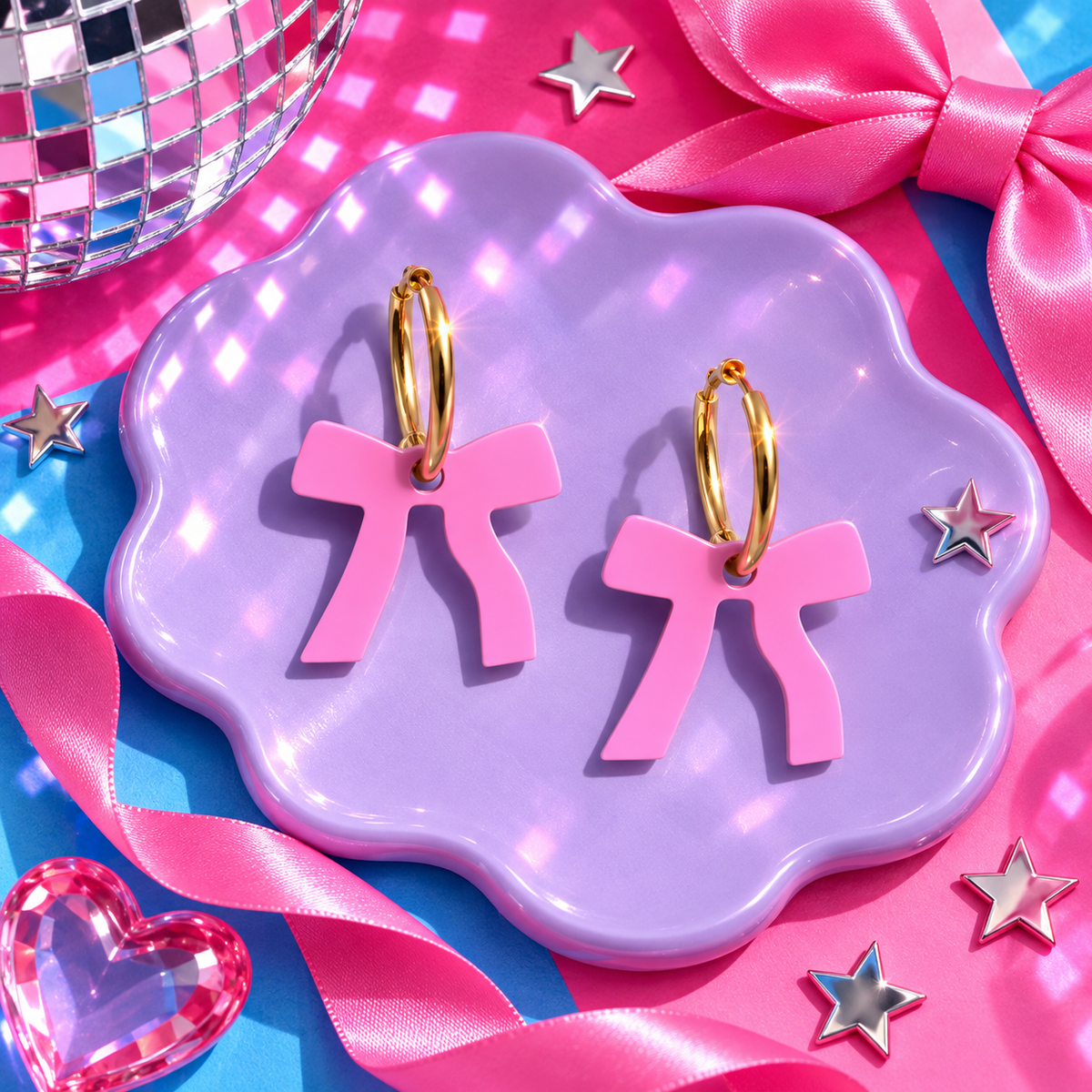 Pink Bow Hoop Earrings with bubblegum pink bow charms and gold hoops by Cuteryko
