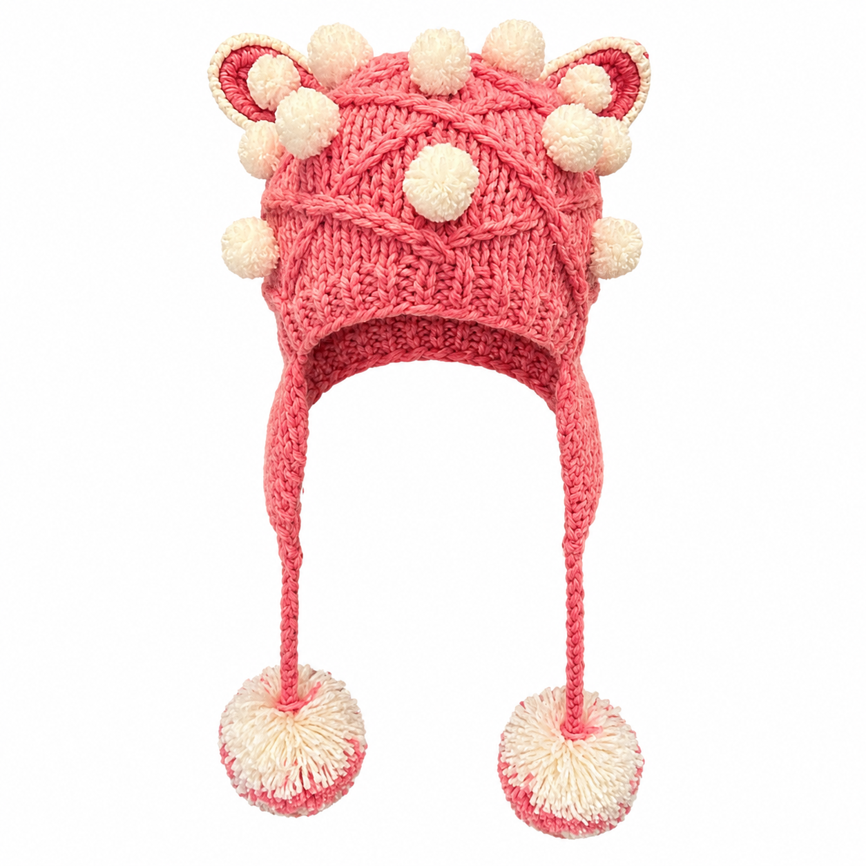 Pink handmade knitted festival hat with cat ears and pom poms