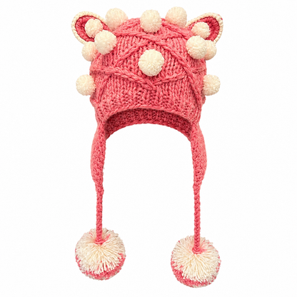 Pink handmade knitted festival hat with cat ears and pom poms