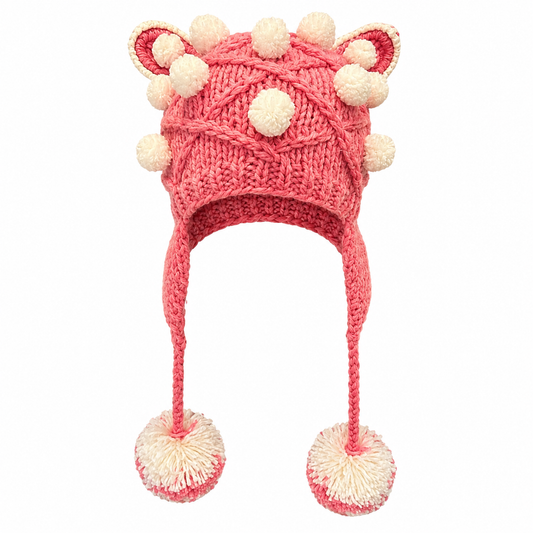 Pink handmade knitted festival hat with cat ears and pom poms