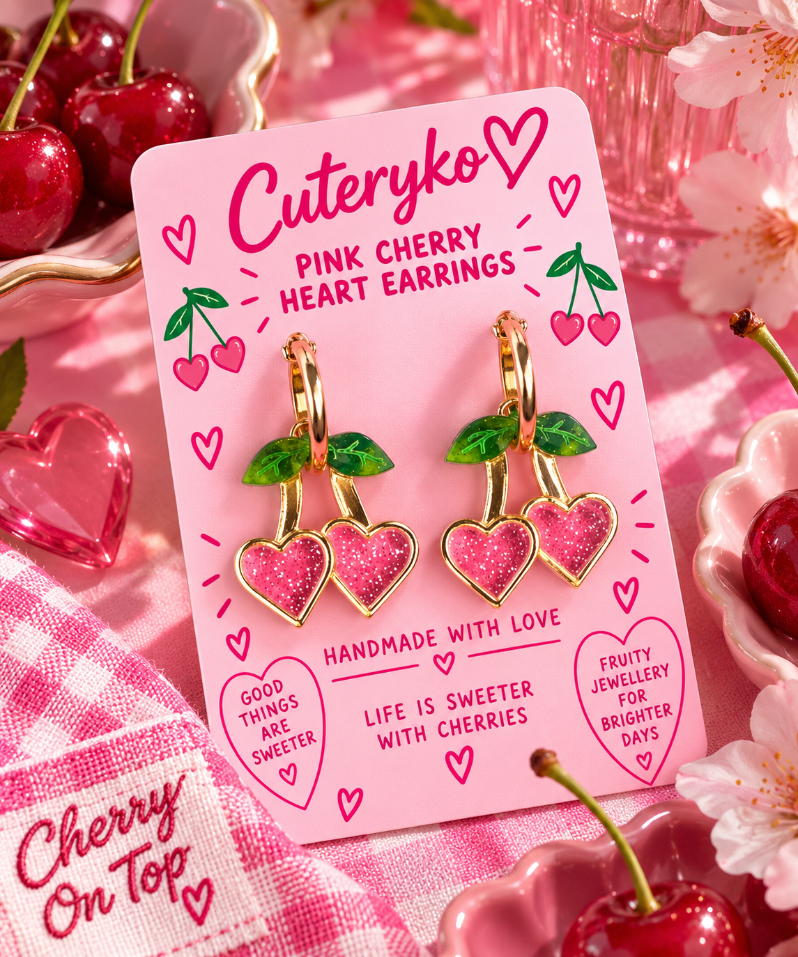 Pink Cherry Heart hoop earrings with sparkling pink heart-shaped cherries and green leaves by Cuteryko