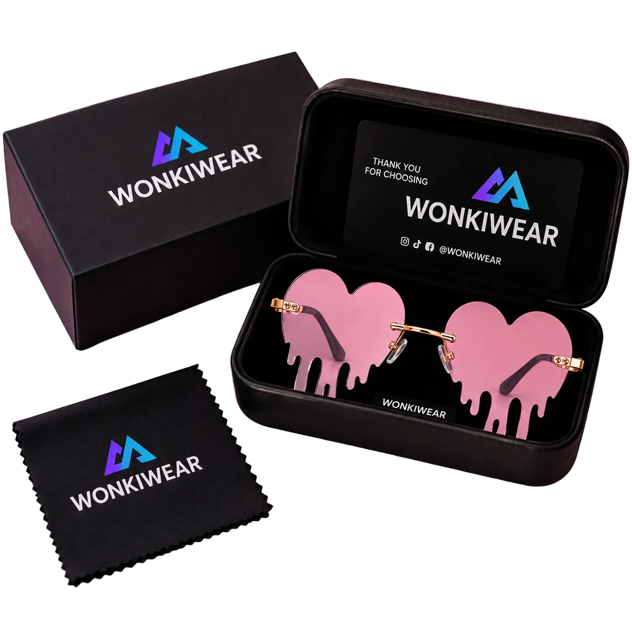 Pink dripping heart sunglasses in WonkiWear premium gift box