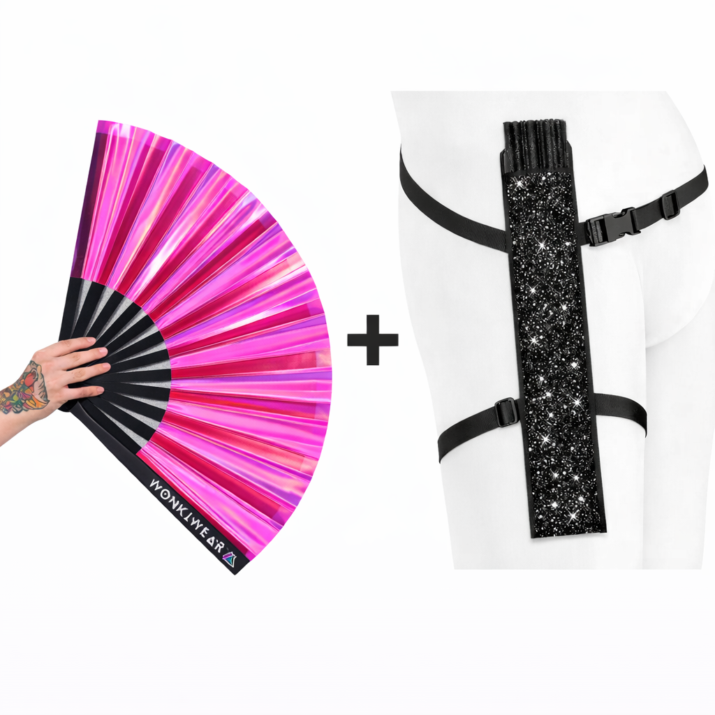 Pink festival fan with black glitter holster bundle for carrying rave fan hands free