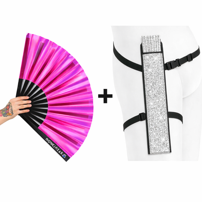 Pink festival fan with silver glitter holster bundle for festivals and raves