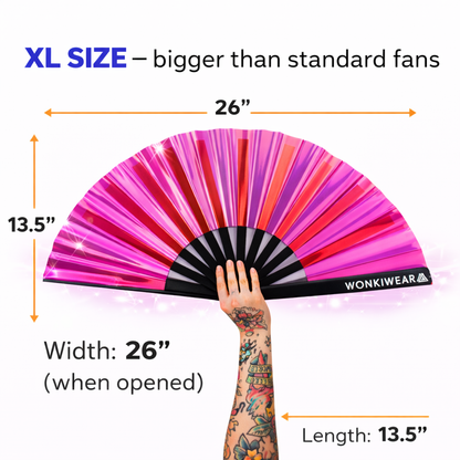 Pink festival fan size guide showing 26 inch width and 13.5 inch length XL fan dimensions