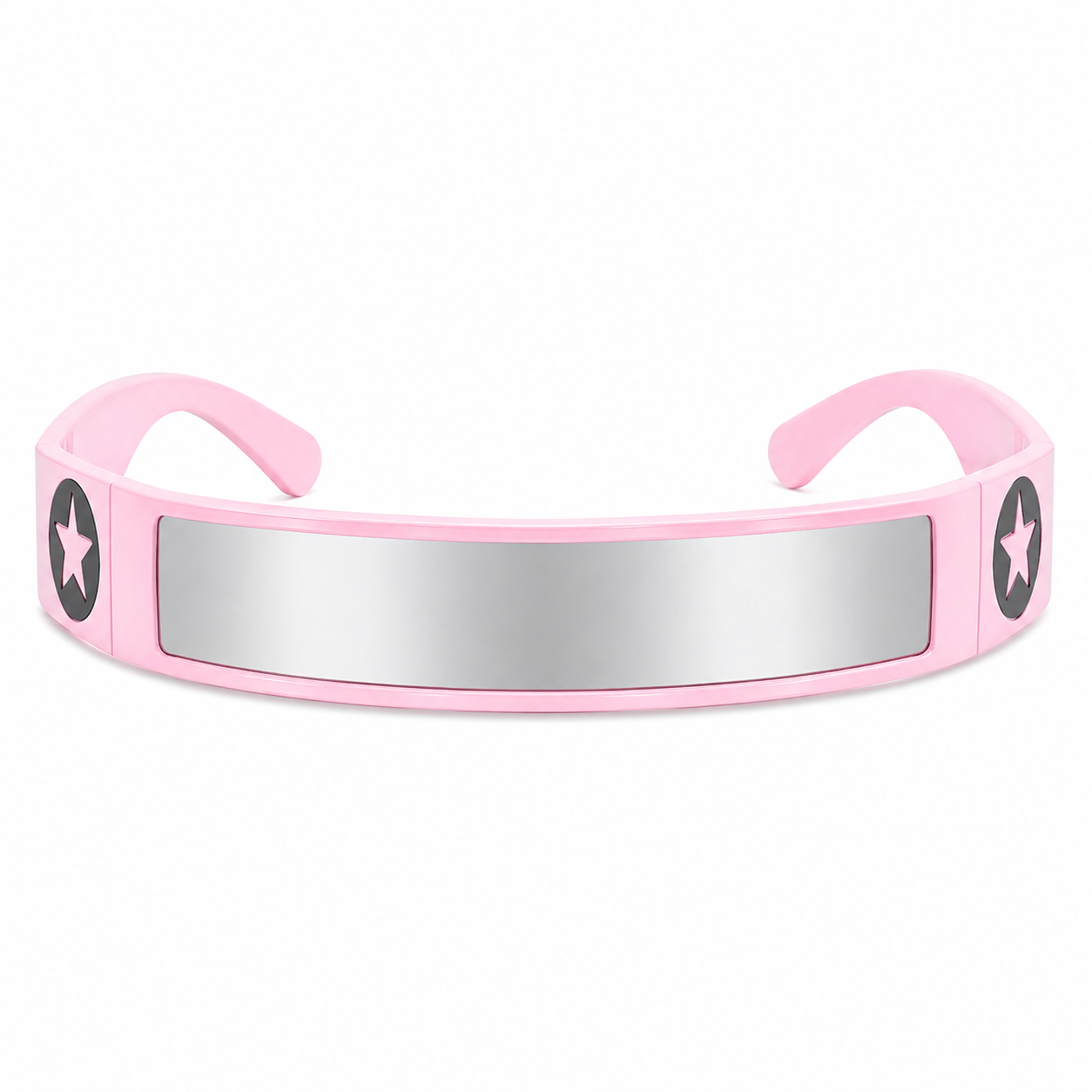 Pink futuristic star shield festival sunglasses on white background