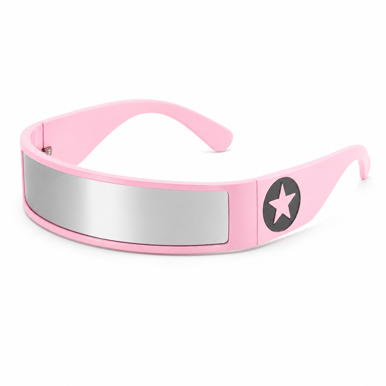 Angled view of pink futuristic cyber rave sunglasses with star detail