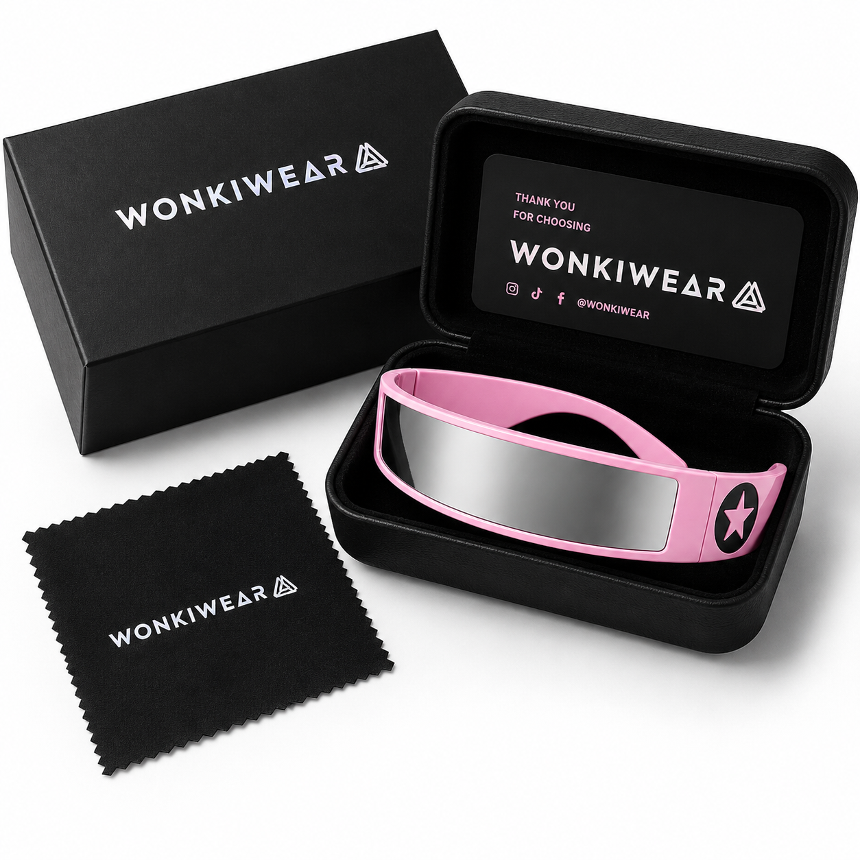 Pink futuristic star shield sunglasses in WonkiWear premium gift box