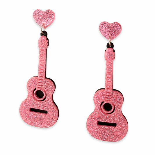 Pink guitar earrings UK glitter statement festival earrings