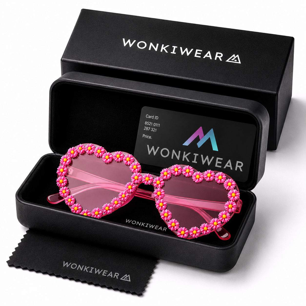 Pink heart shaped daisy sunglasses displayed in WonkiWear gift box