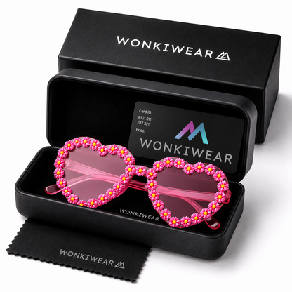 Pink heart shaped daisy sunglasses displayed in WonkiWear gift box