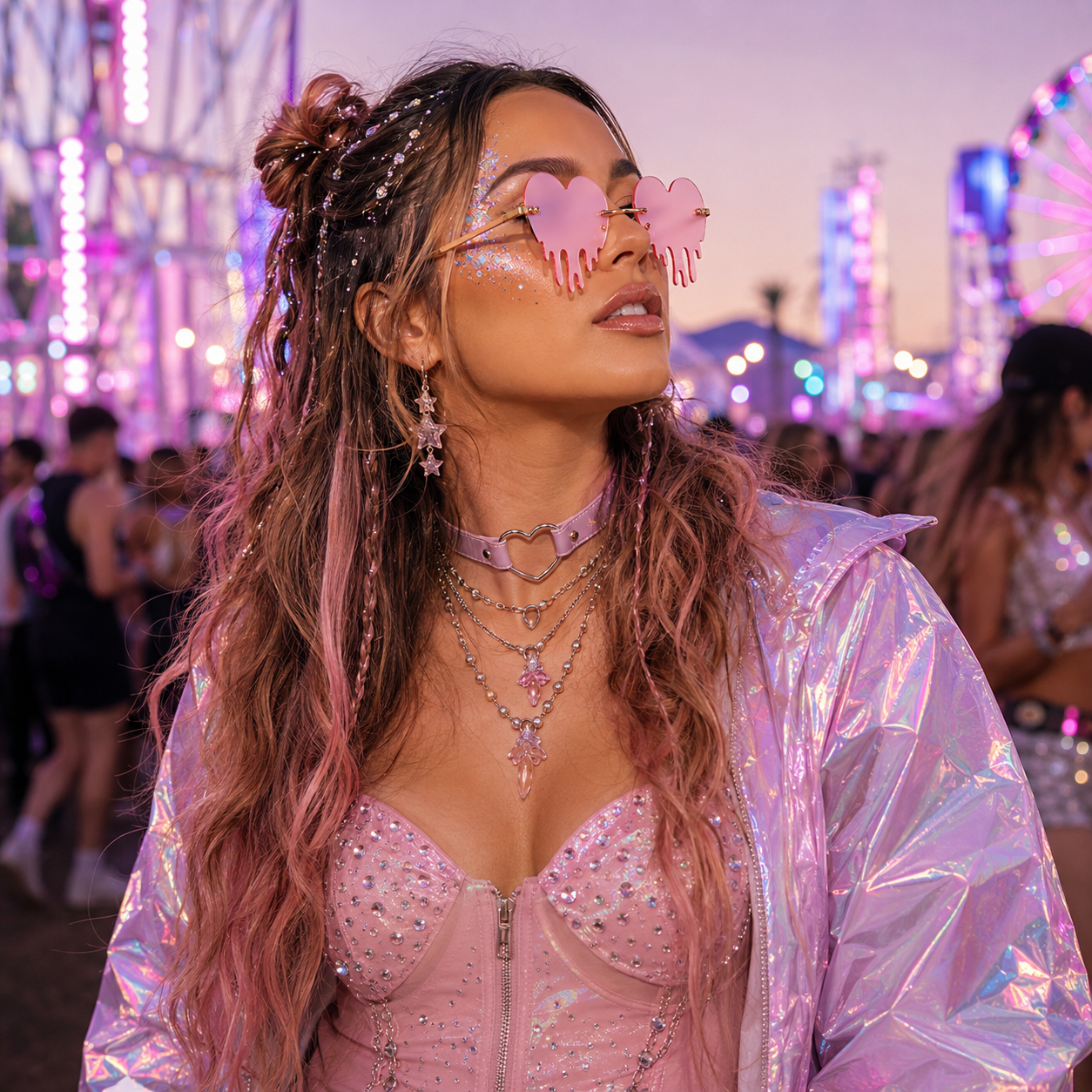 Festival model wearing pink dripping heart sunglasses