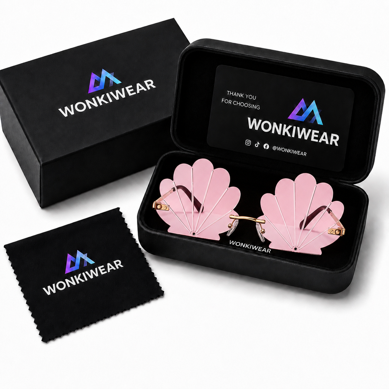 Pink mermaid shell sunglasses in WonkiWear premium gift box