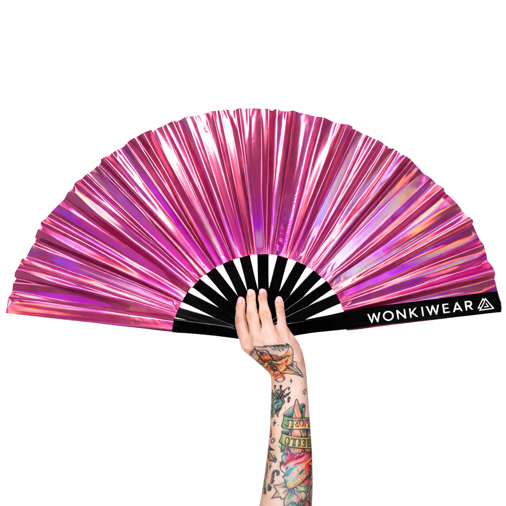 Pink Mirage Iridescent Rave Fan XL | Metallic Pink Festival Fan – WonkiWear
