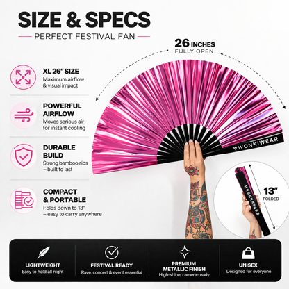 Pink Mirage XL rave fan size and specs 26 inch metallic pink festival fan with strong airflow and durable build