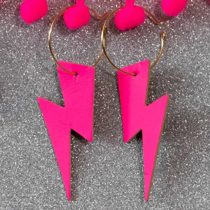 Neon Pink Lightning Bolt Hoop Earrings | Cork Statement Jewellery