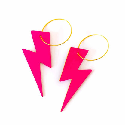 Neon Pink Lightning Bolt Hoop Earrings | Cork Statement Jewellery