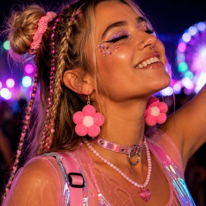 Festival model wearing pink handmade pom pom daisy flower statement earrings