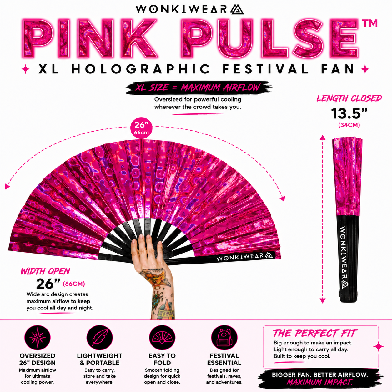Size guide showing dimensions of Pink Pulse XL holographic festival fan