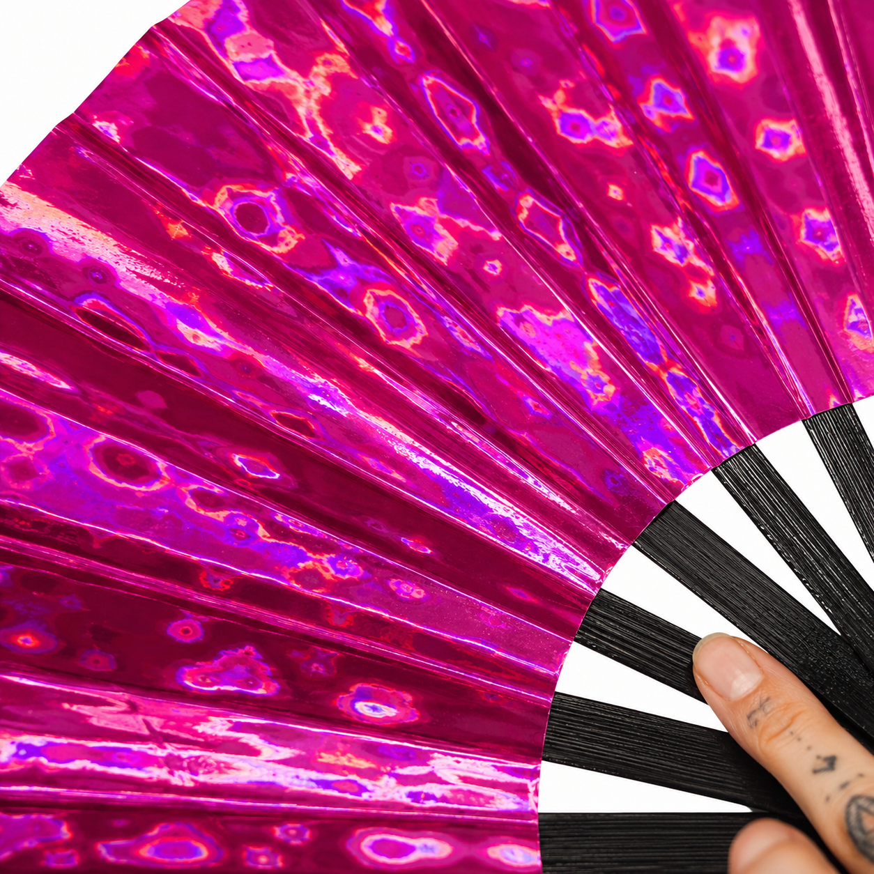 Close-up of Pink Pulse holographic festival fan showing pink iridescent detail
