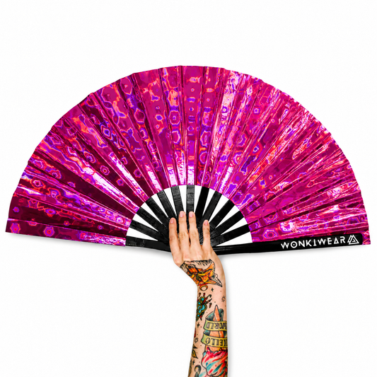 Pink Pulse XL holographic festival fan with silver mirror reverse