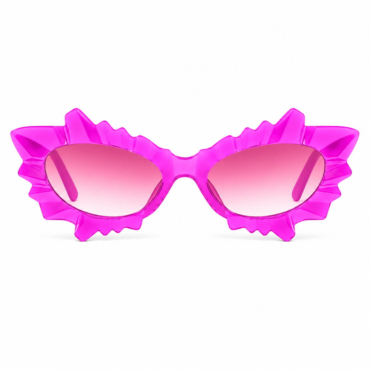 Pink and purple irregular cat eye festival sunglasses on white background