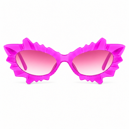 Pink and purple irregular cat eye festival sunglasses on white background