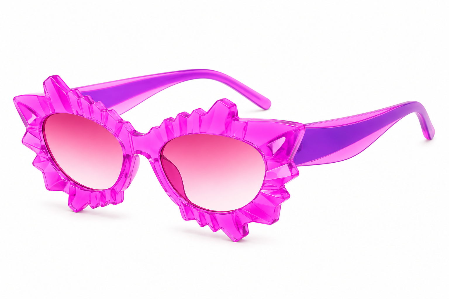 Angled view of pink and purple irregular cat eye rave sunglasses