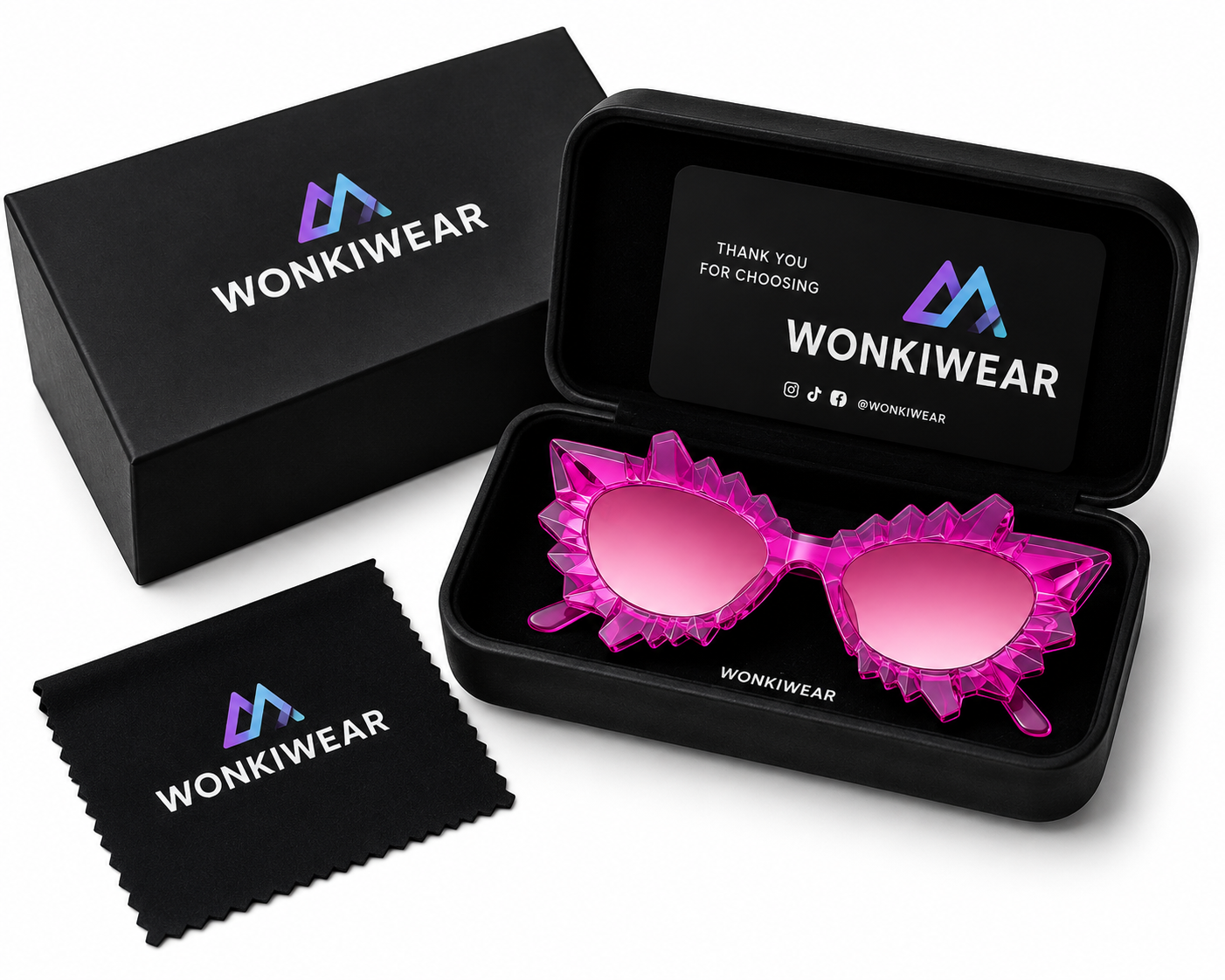 Pink and purple irregular cat eye sunglasses in WonkiWear premium gift box