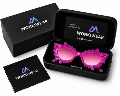 Pink and purple irregular cat eye sunglasses in WonkiWear premium gift box