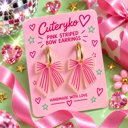 Pink Striped Bow hoop earrings with translucent pink acrylic bows and hot-pink stripe detailing by Cuteryko
