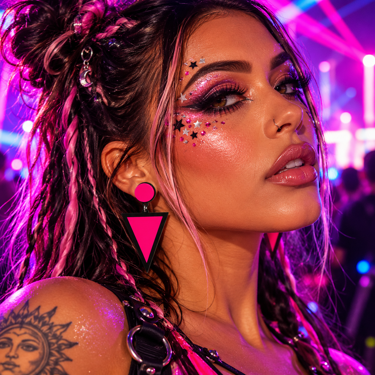Woman wearing pink triangle statement earrings at a neon rave