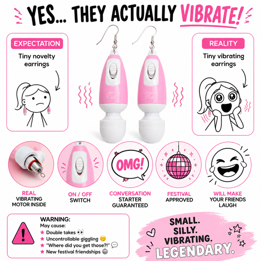 Funny infographic showing pink mini earrings that actually vibrate