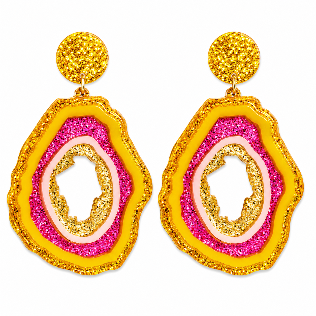 Pink yellow glitter geode drop statement earrings by WonkiWear