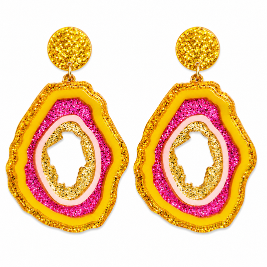 Pink yellow glitter geode drop statement earrings by WonkiWear