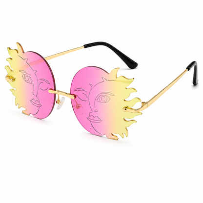 Pink and yellow sun moon shaped festival glasses angled product view