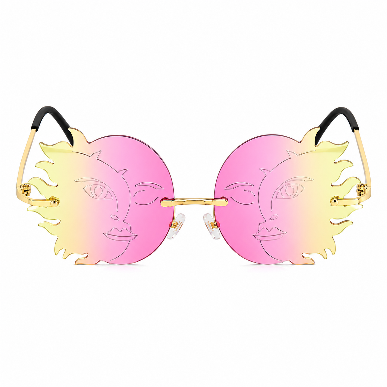 Pink and yellow sun moon shaped festival glasses front view