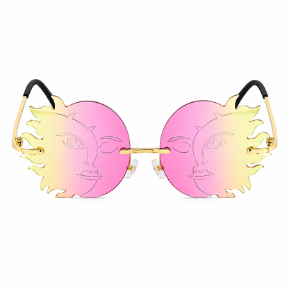 Pink and yellow sun moon shaped festival glasses front view