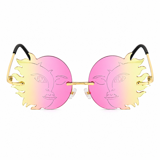 Pink and yellow sun moon shaped festival glasses front view