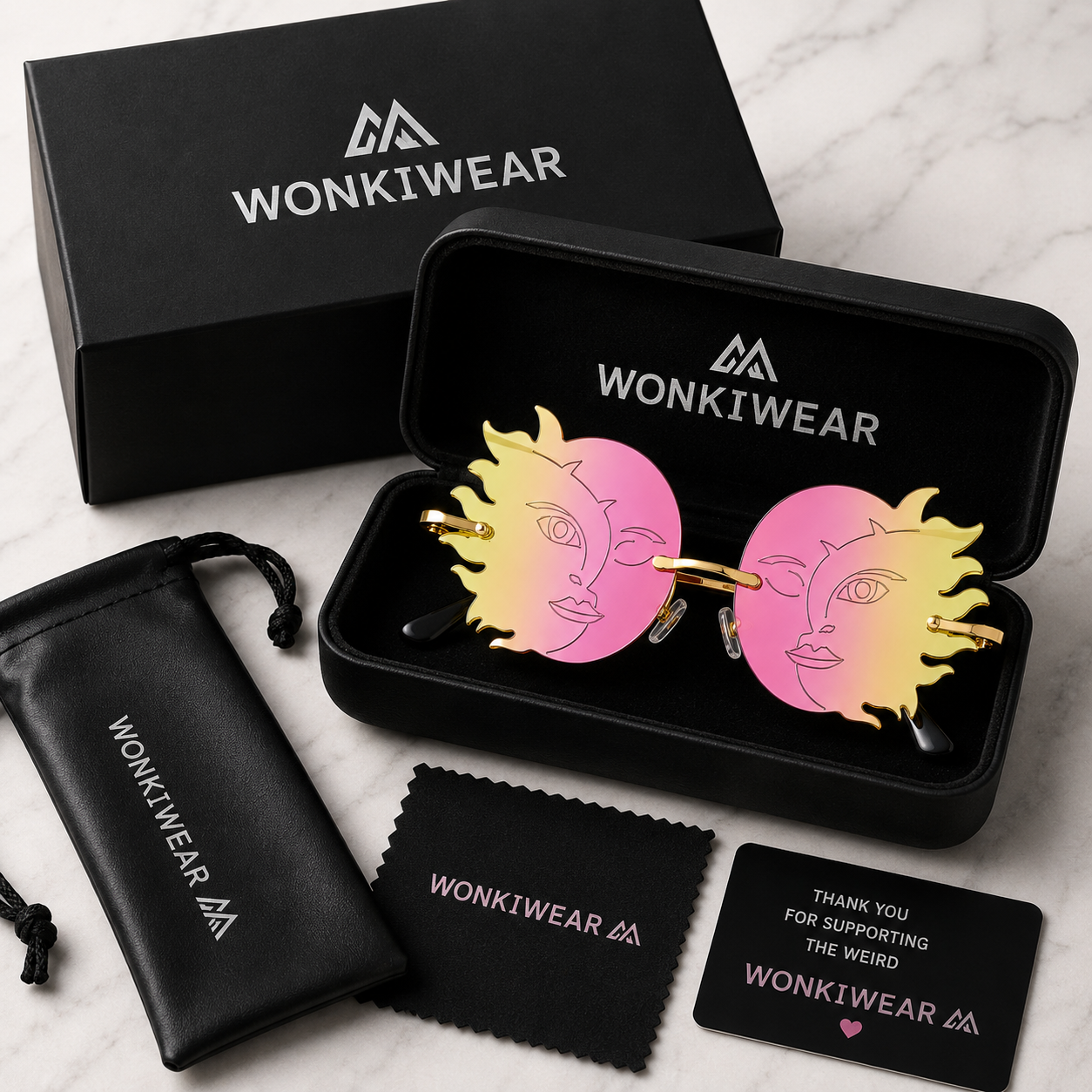 Pink and yellow sun moon festival glasses in premium WonkiWear gift box